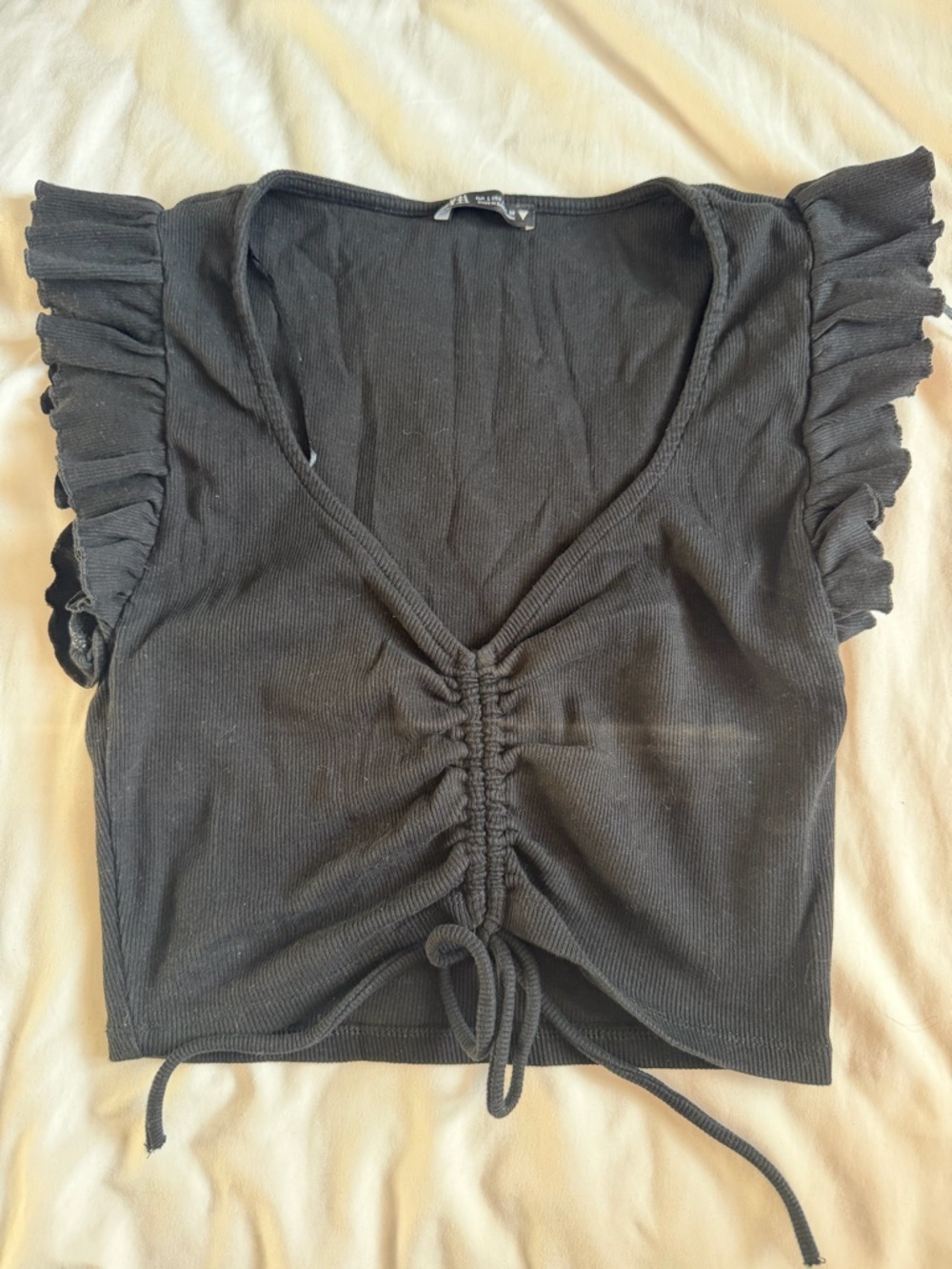 Zara Black Ruched Front Ruffle Sleeve Crop Top